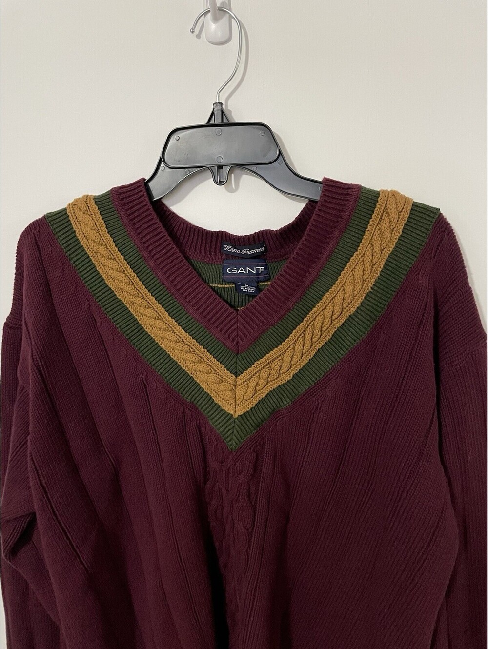 GANT Men's M Burgundy Cotton V-Neck Cable-Knit Long Sleeve Pullover Sweater - Picture 2 of 8